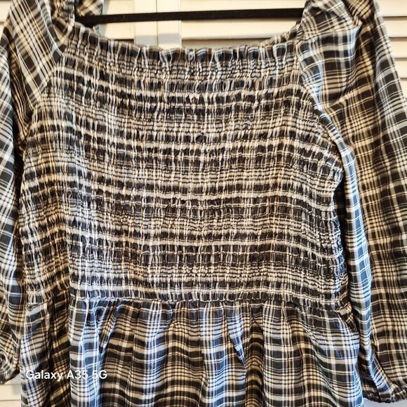 NWT Black & White Plaid Smocked Midi Dress By Loft Outlet XL 3/4 Sleeves Elastic - Picture 2 of 8
